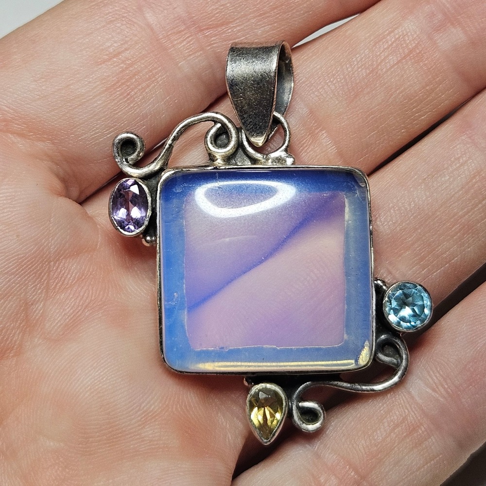 Vintage 925 Sterling Silver Artisan Opalite Pendant Multi-Gemstone Boho Scroll